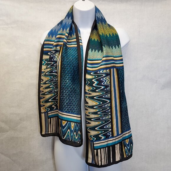 Adrienne Landau Scarf 100% Silk Geometric Brown White Aqua Blue Cravat 52" x 11" - Picture 1 of 14